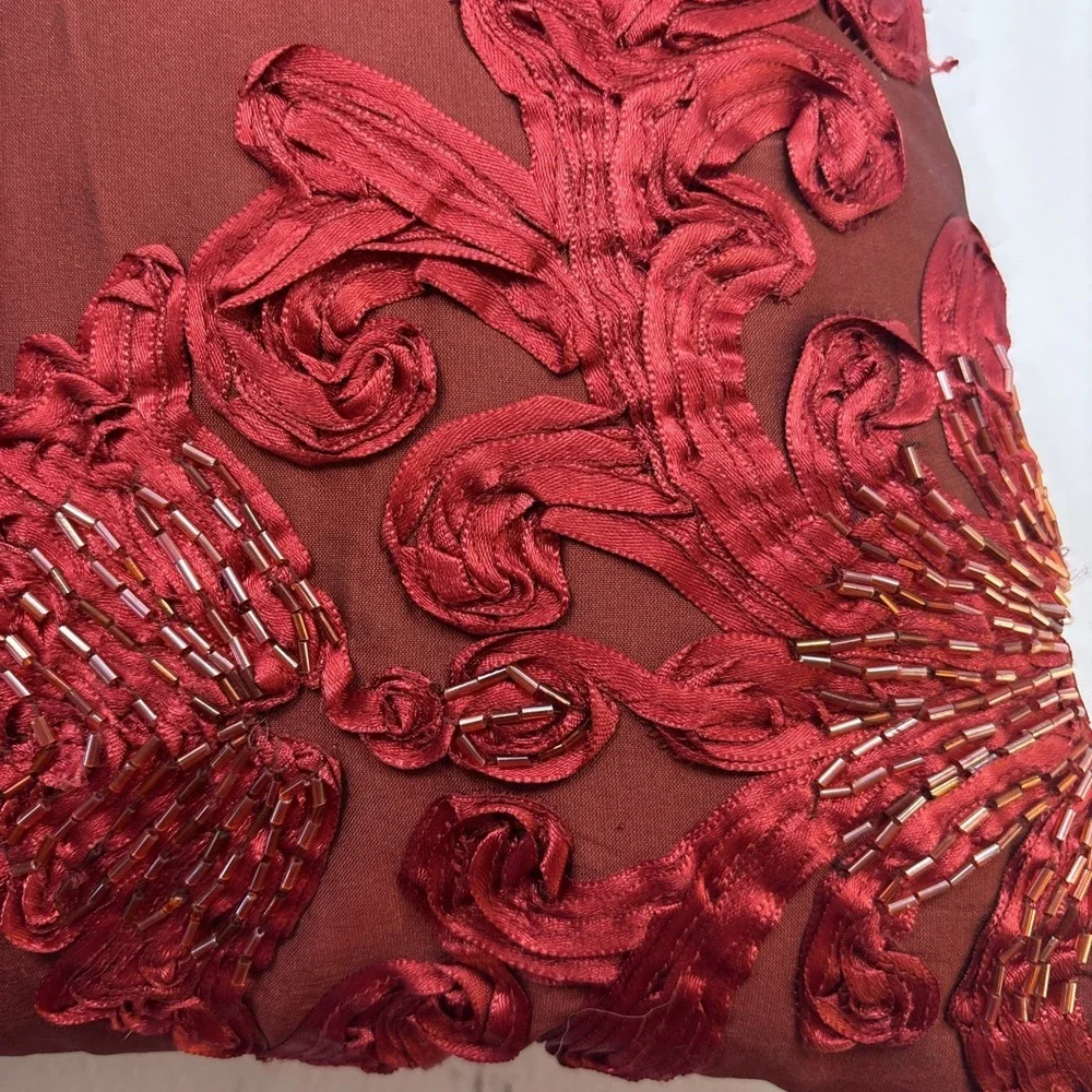 Vtg Set of 2 Pier 1 Beaded Sequin Red‎ Appliqué Ribbon Pillows 18 X14 Inch